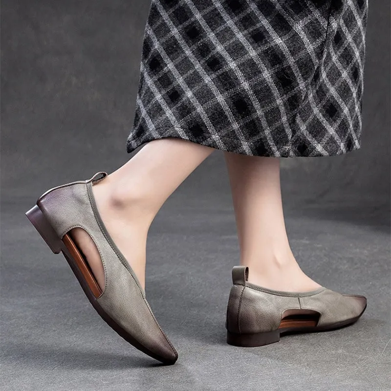 Retro Handmade Soft Leather Flats For Women Slip On Shoes in Grey/Coffee