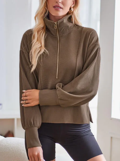 Ribbed Half Zip Collared Neck Sweatshirt