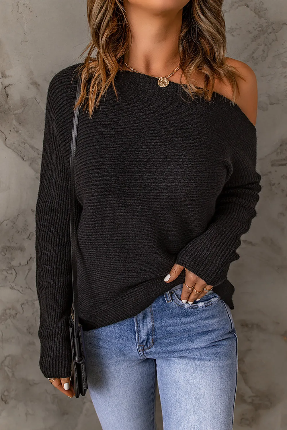 Ribbed Knit One Shoulder Sweater