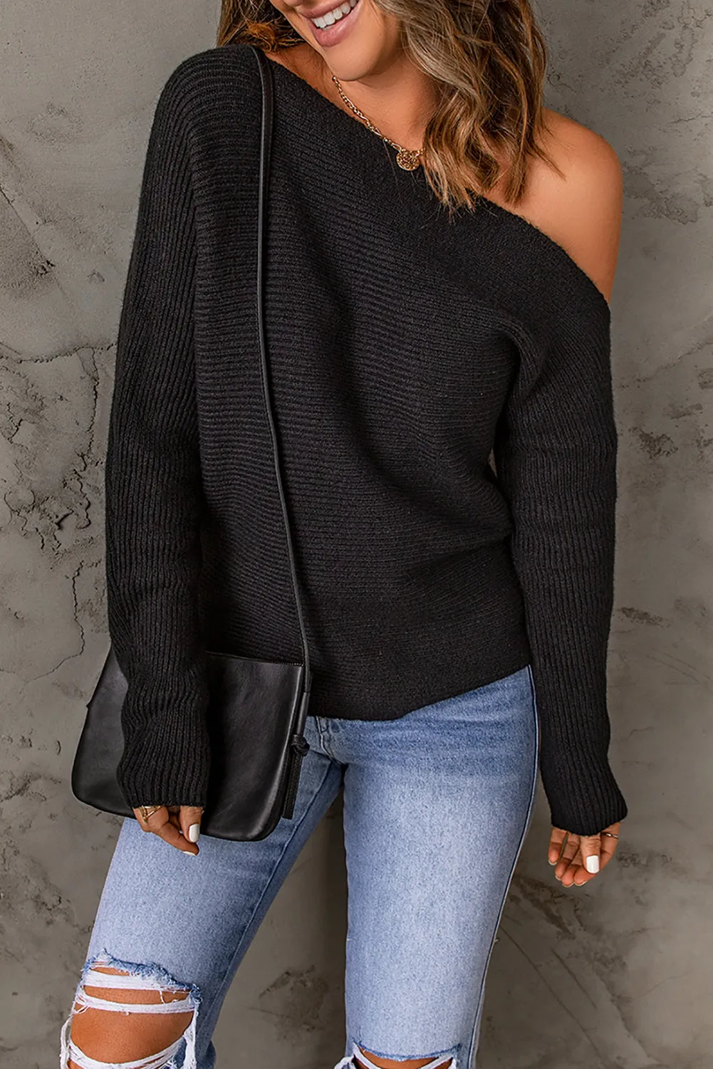 Ribbed Knit One Shoulder Sweater