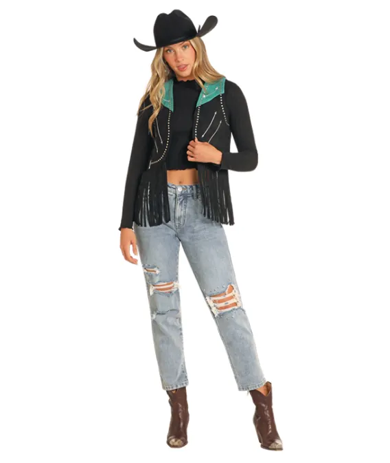 Rock and Roll Cowgirl Women's Black & Turquoise Micro Suede Fringe Western Vest  BW98C04547