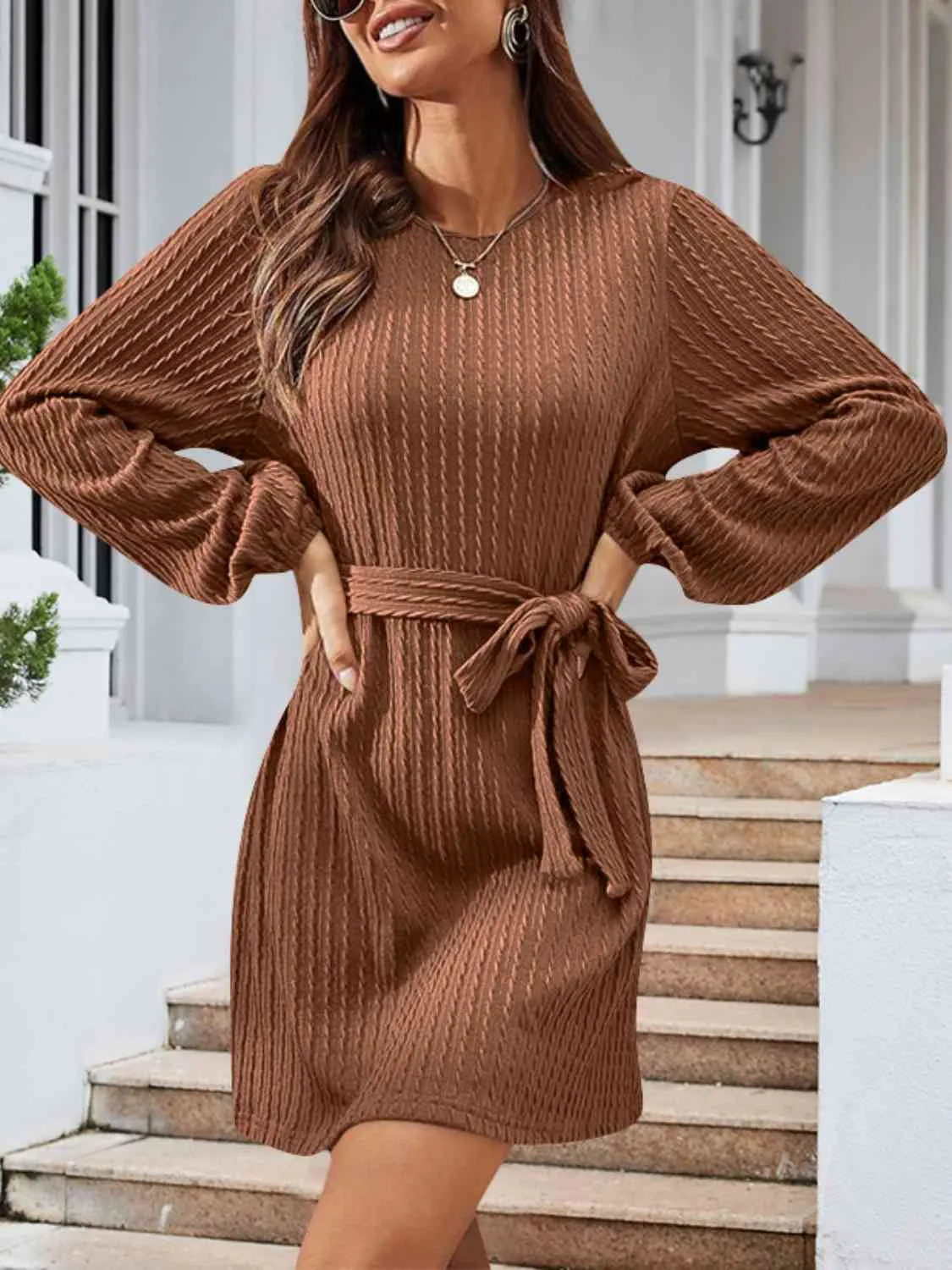 Round Neck Tie Front Long Sleeve Dress