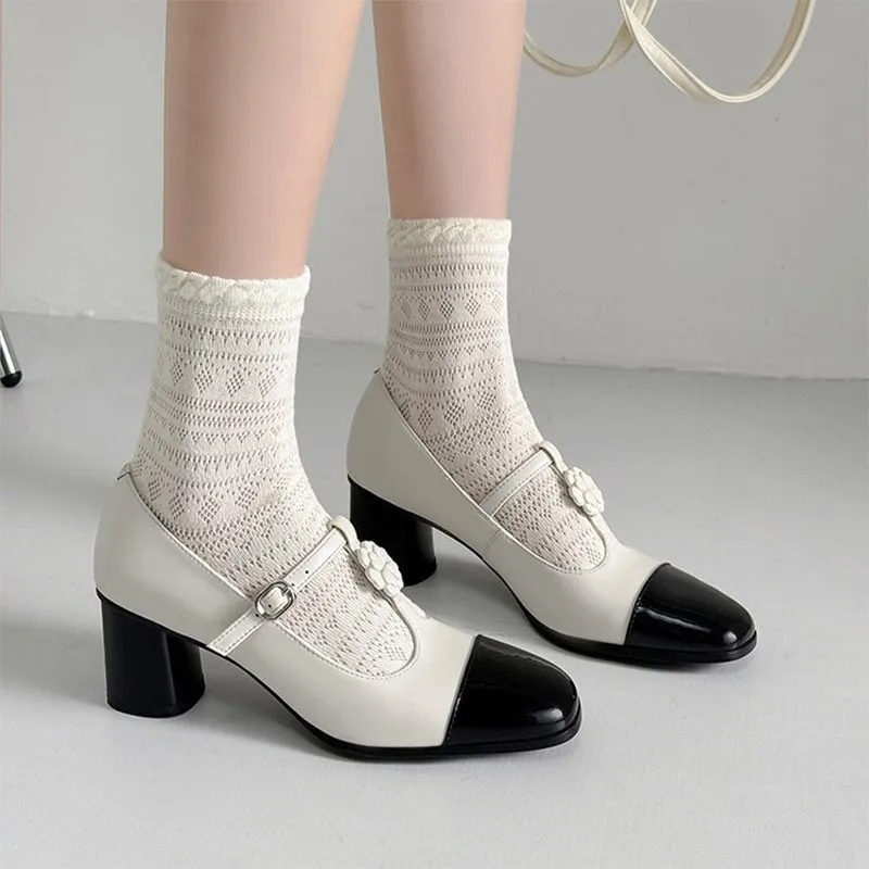 Round Toe T Strap Mary Jane Shoes 60mm Block Heel Color Blocking