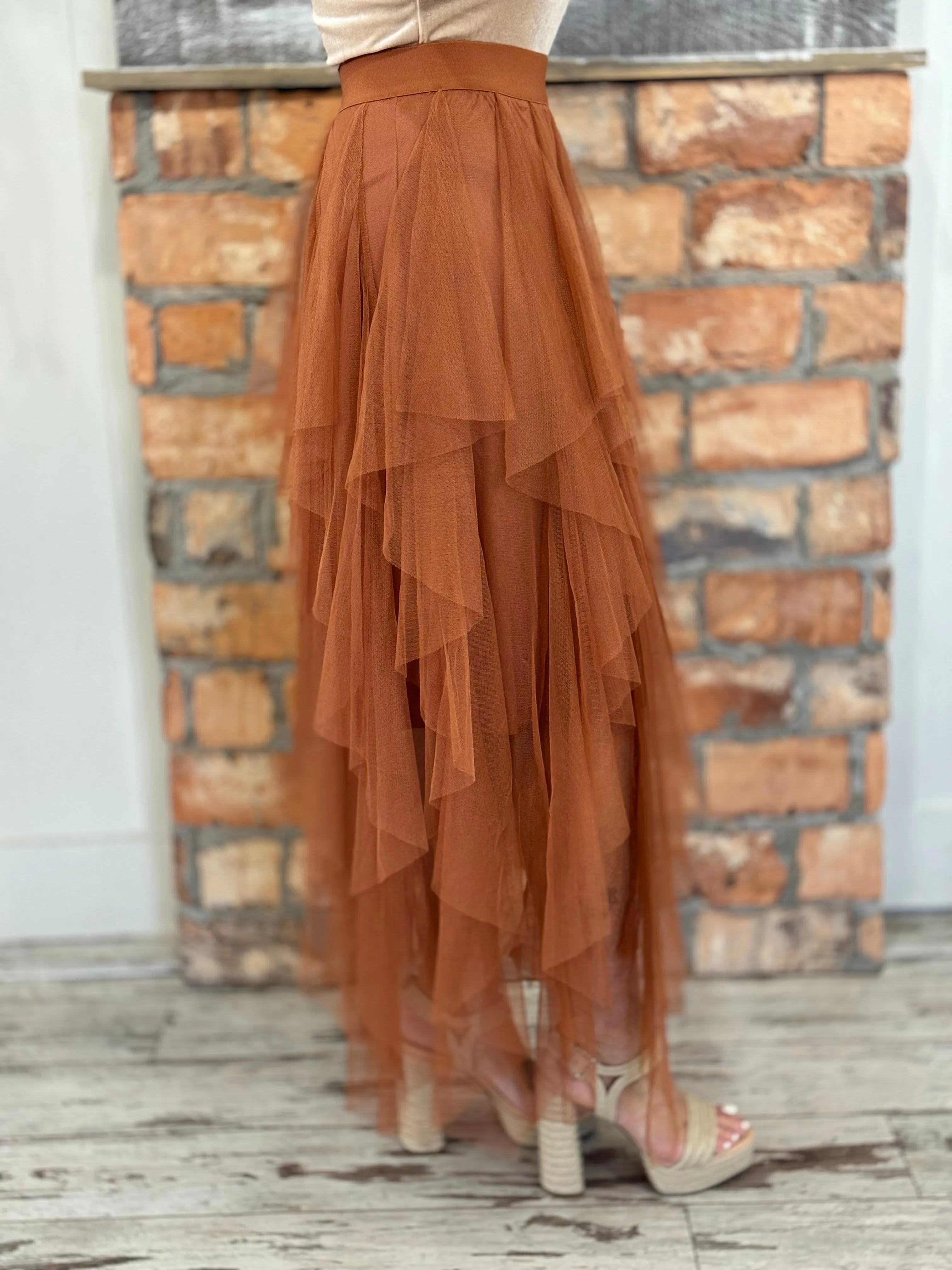 Ruffle Tulle Maxi Skirt in Rust