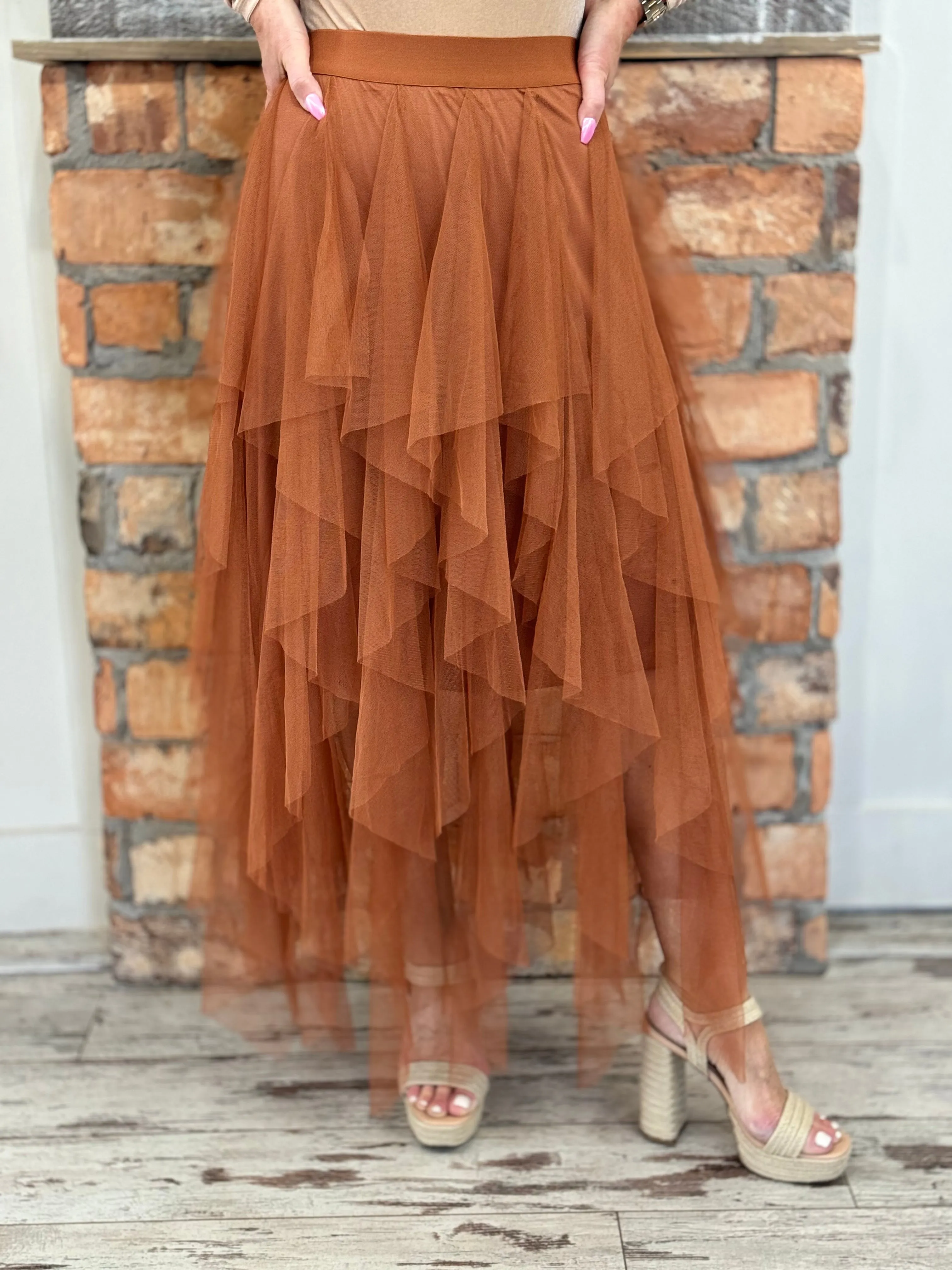 Ruffle Tulle Maxi Skirt in Rust