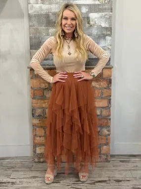 Ruffle Tulle Maxi Skirt in Rust