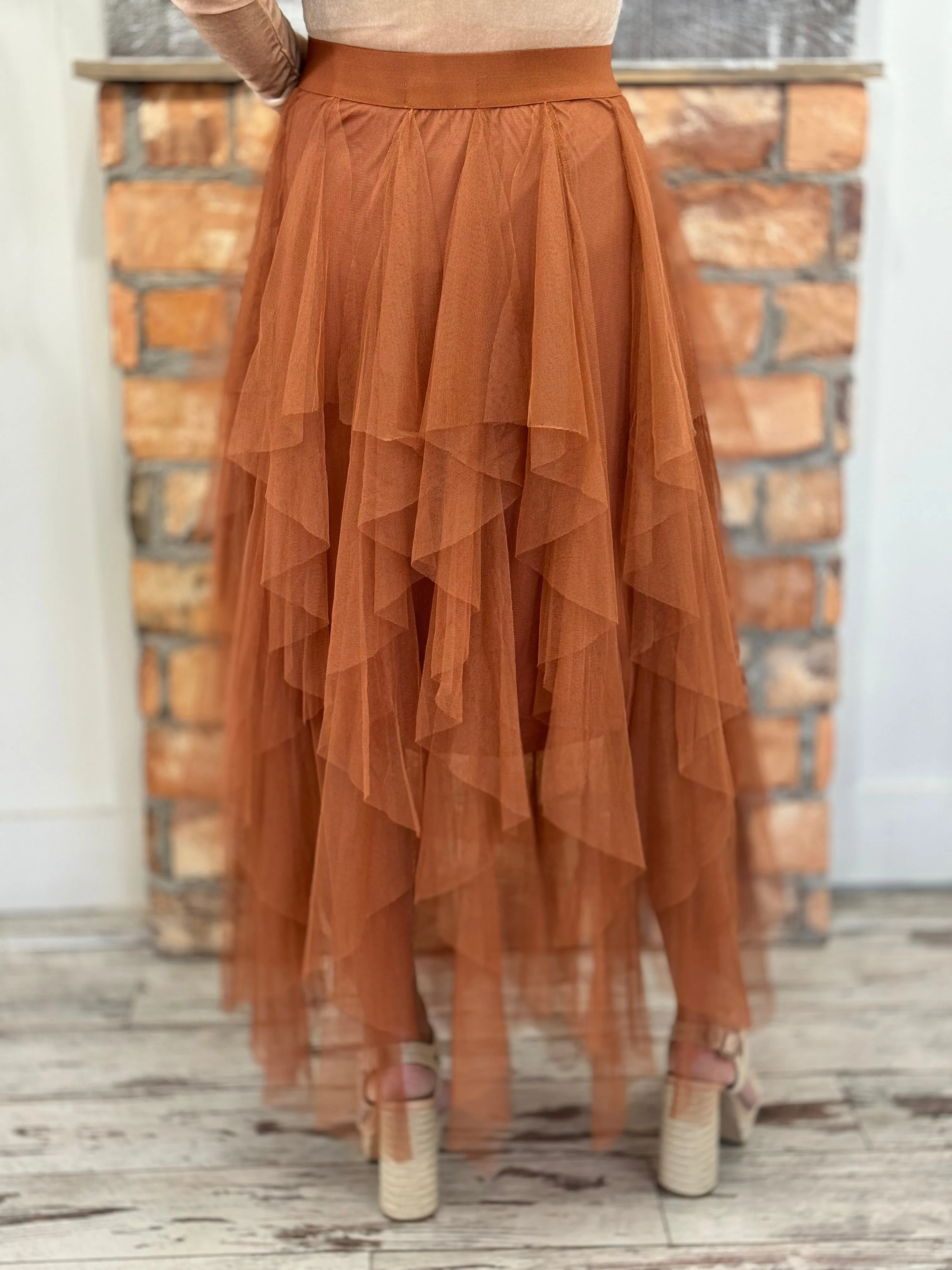 Ruffle Tulle Maxi Skirt in Rust