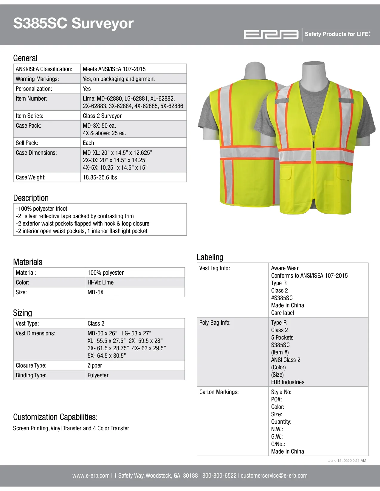 S385SC CL2 Surveyor's Safety Vest Lime 1PC