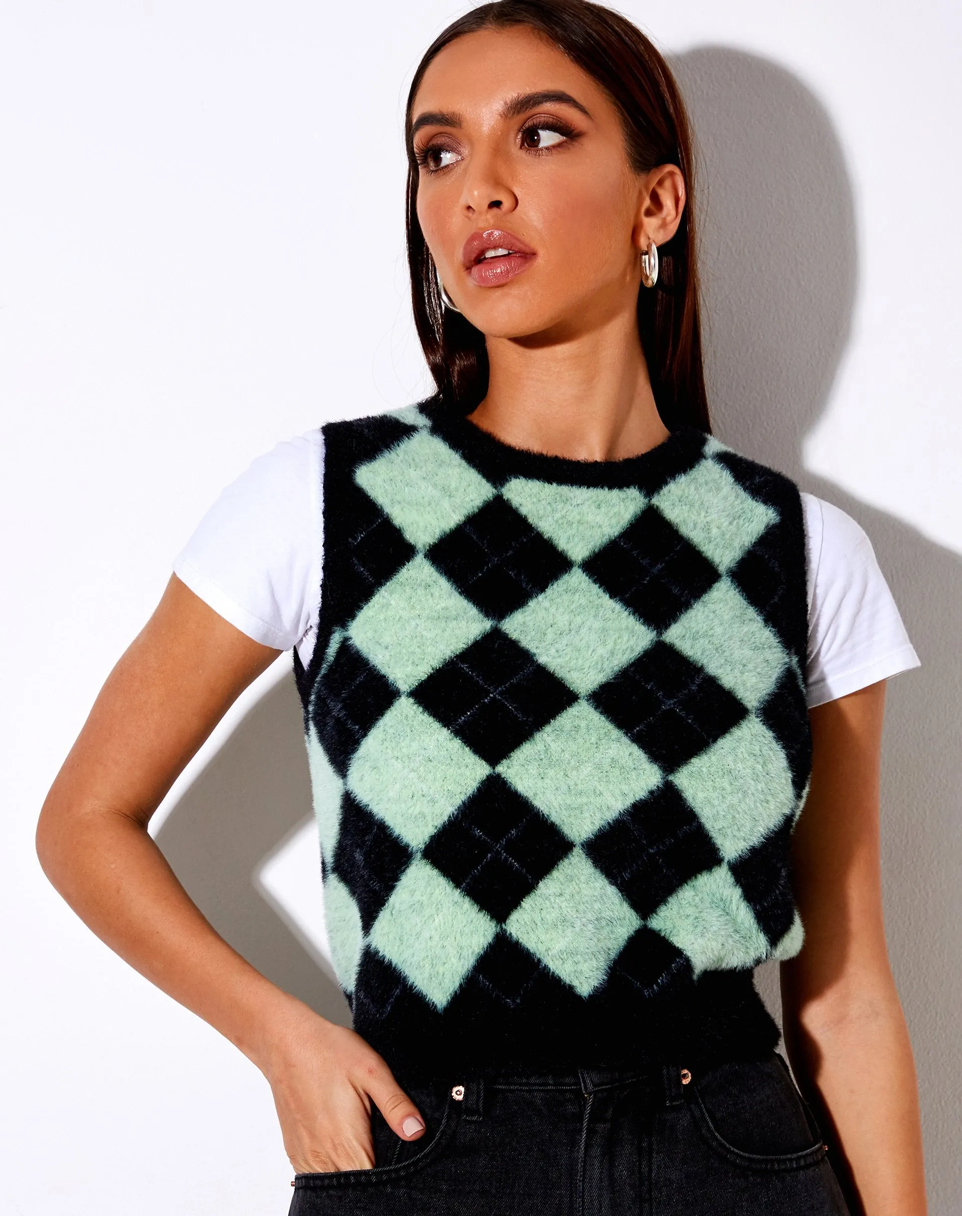 Saki Tank Top in Knit Diamond Black and Green