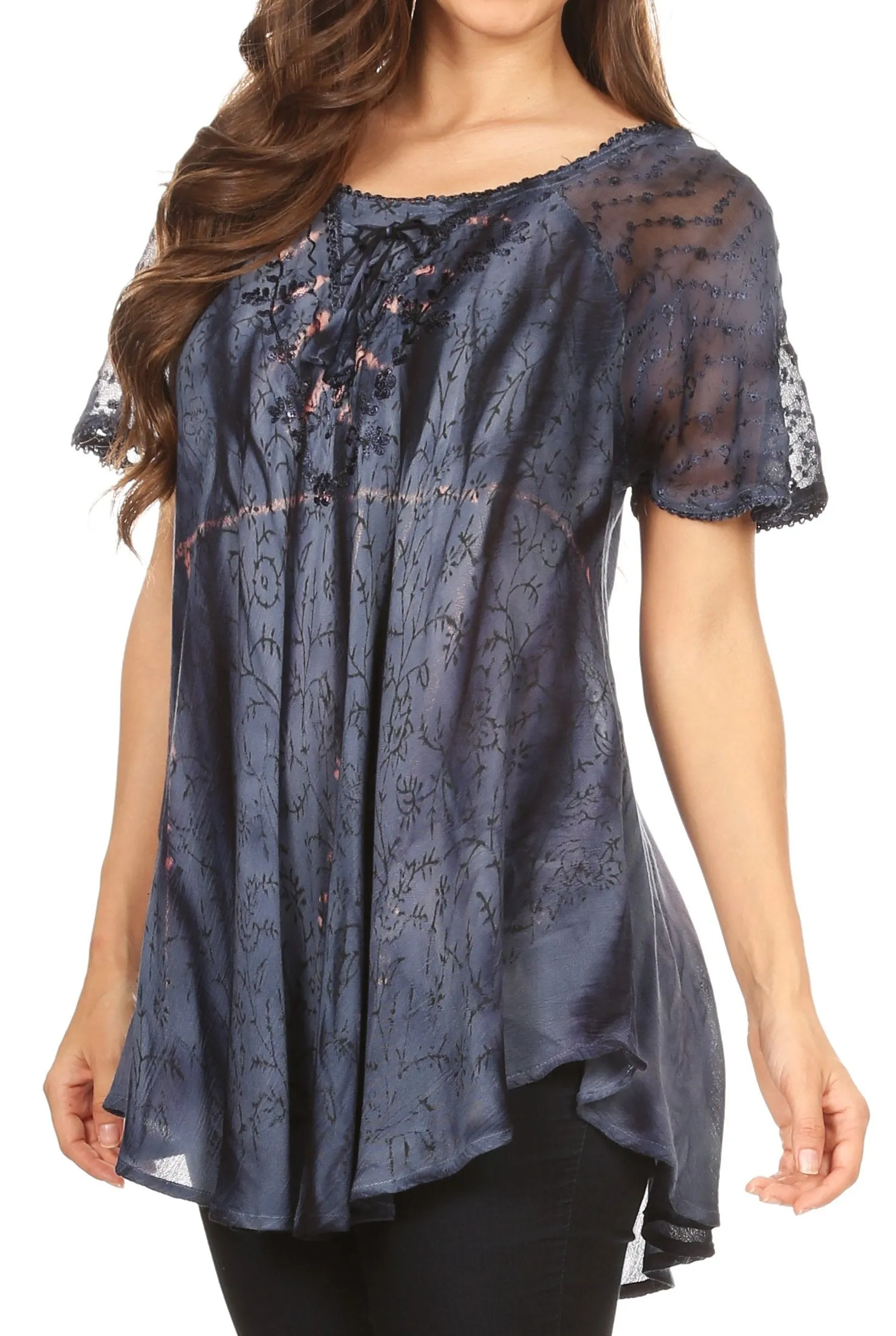 Sakkas Catia Casual Short Sleeves Tie-dye Blouse Top with Embroidery and Sequin