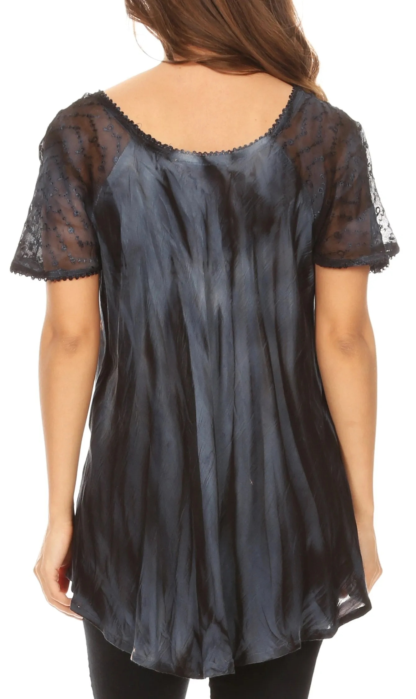 Sakkas Catia Casual Short Sleeves Tie-dye Blouse Top with Embroidery and Sequin