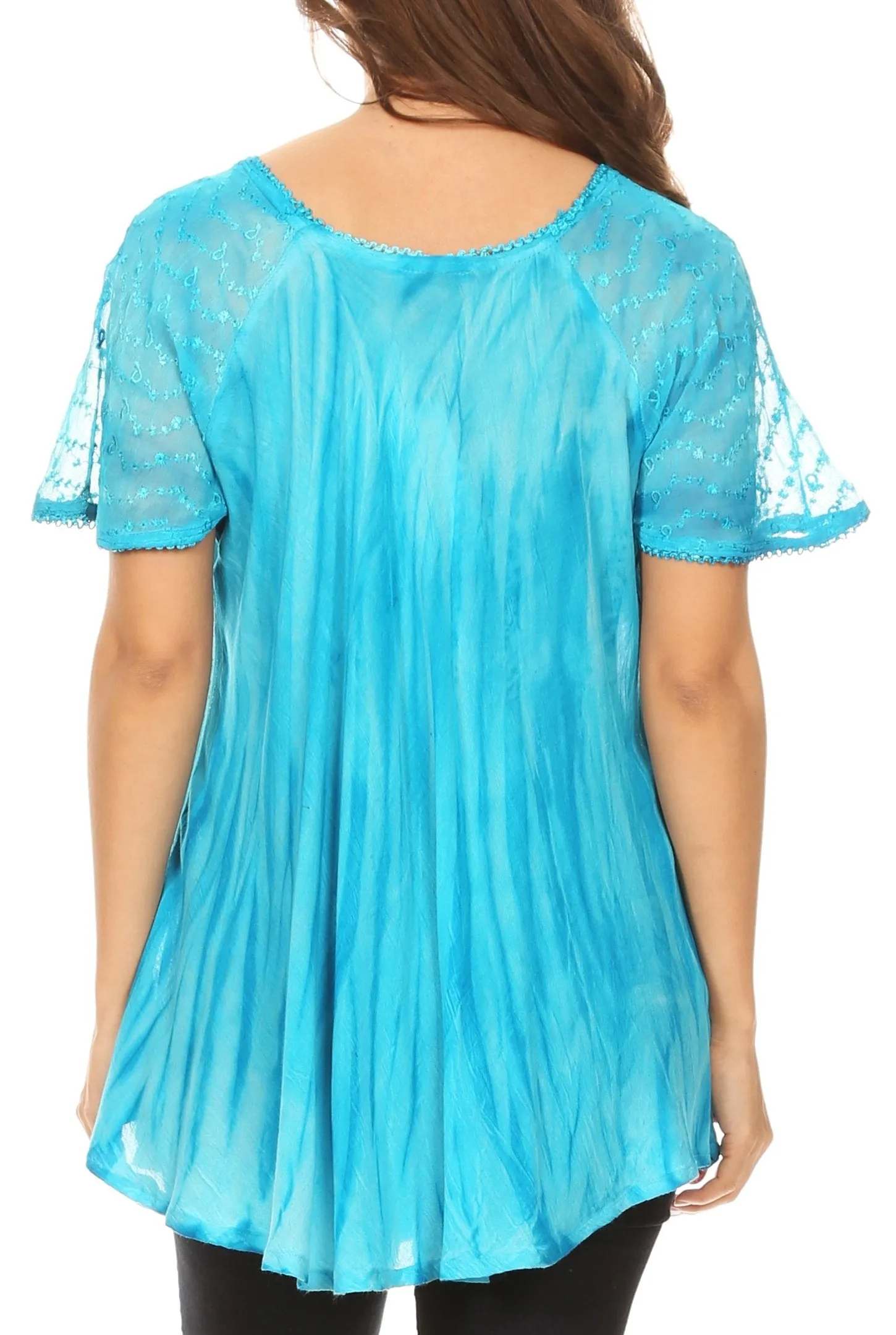 Sakkas Catia Casual Short Sleeves Tie-dye Blouse Top with Embroidery and Sequin