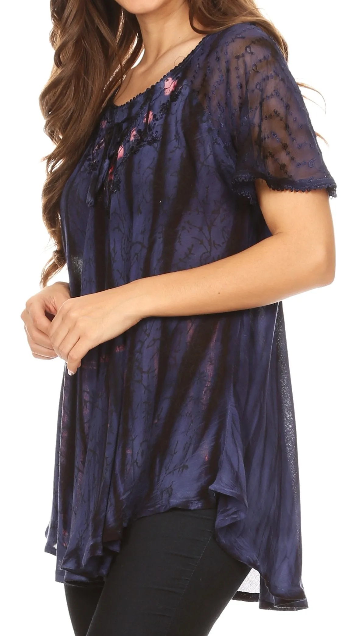 Sakkas Catia Casual Short Sleeves Tie-dye Blouse Top with Embroidery and Sequin