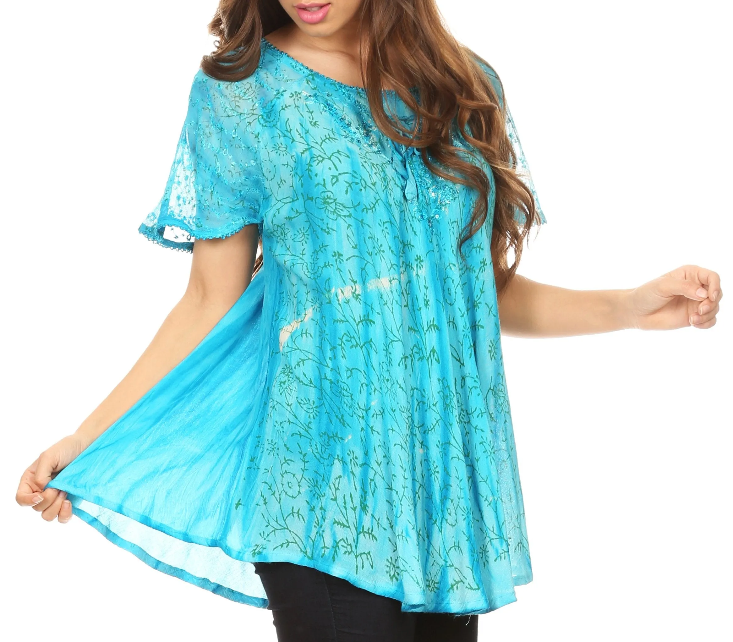 Sakkas Catia Casual Short Sleeves Tie-dye Blouse Top with Embroidery and Sequin