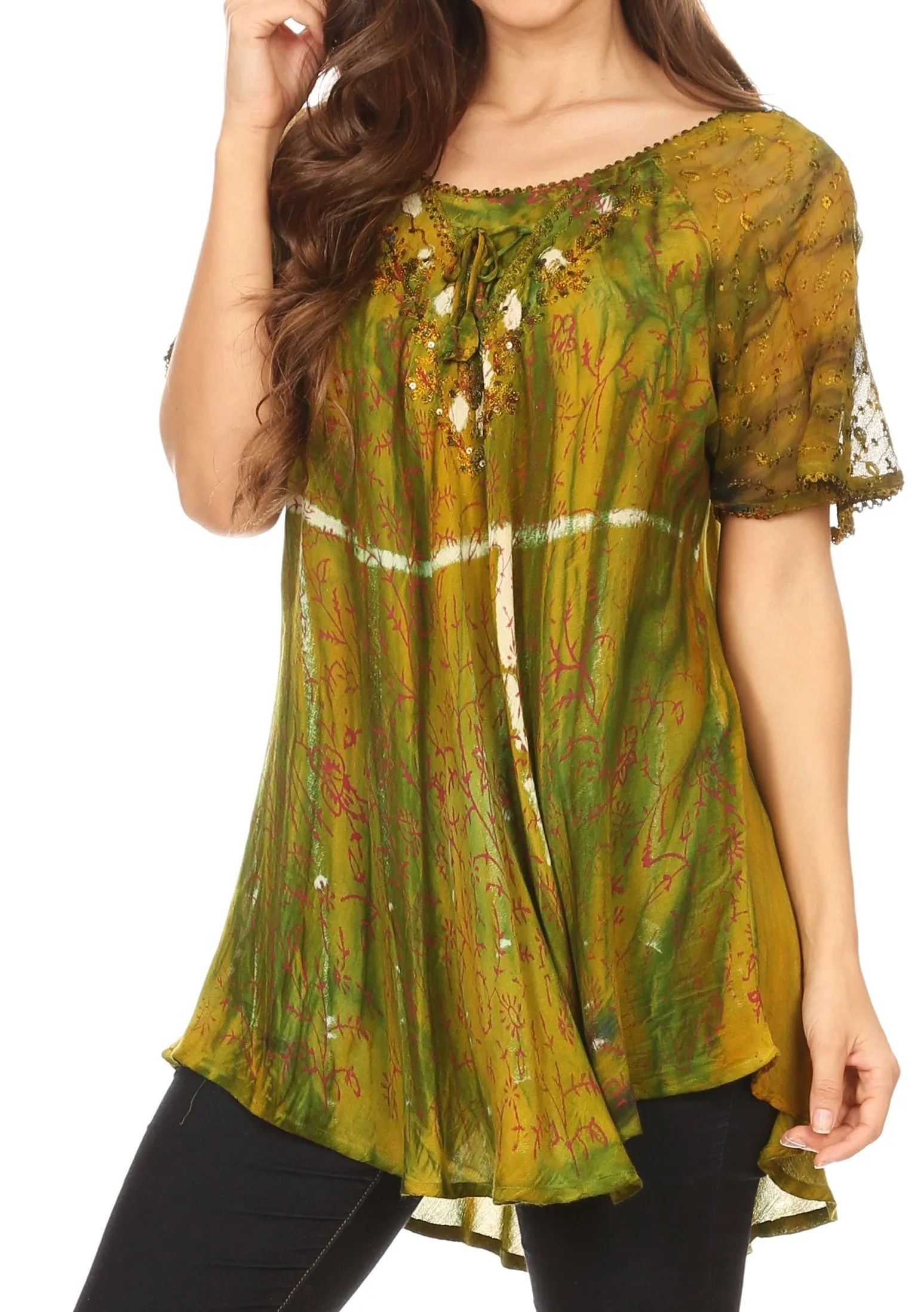 Sakkas Catia Casual Short Sleeves Tie-dye Blouse Top with Embroidery and Sequin