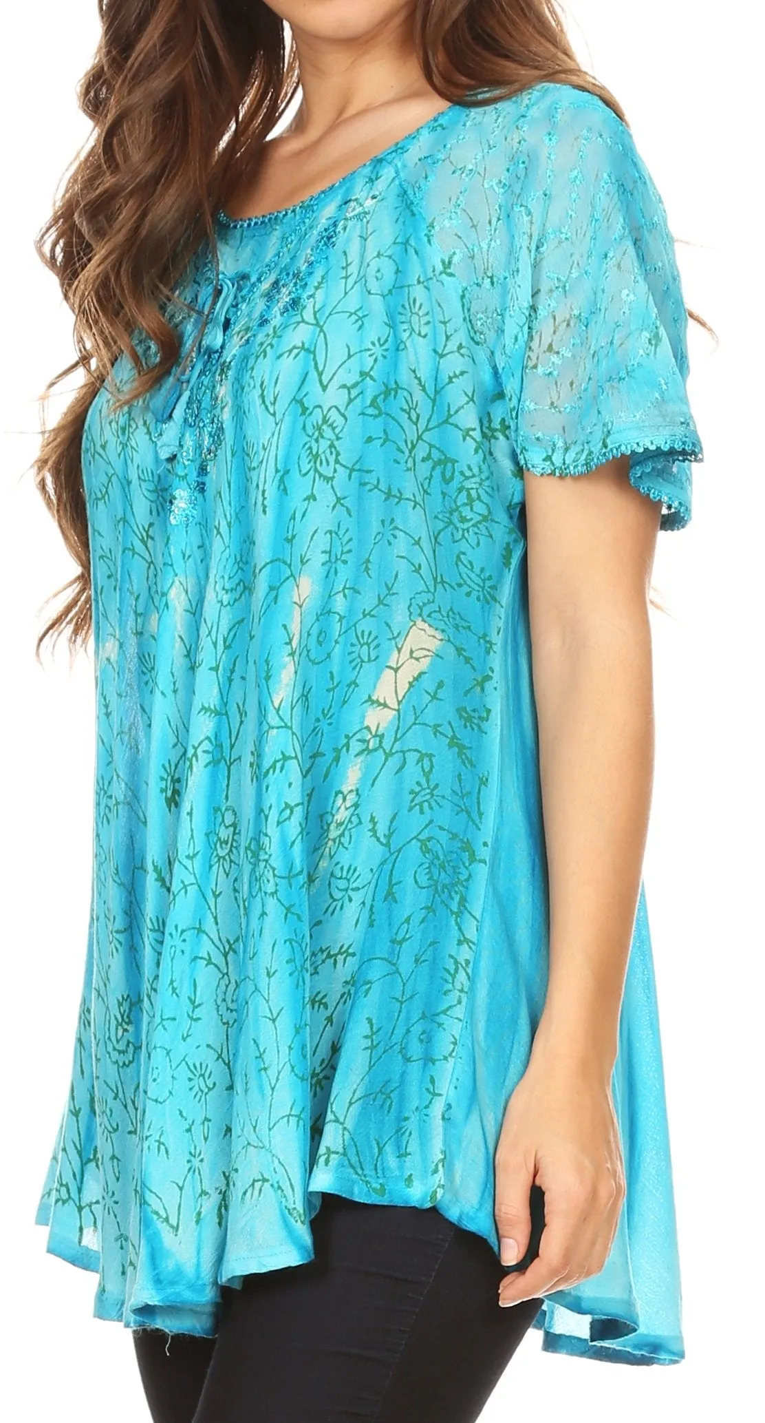 Sakkas Catia Casual Short Sleeves Tie-dye Blouse Top with Embroidery and Sequin