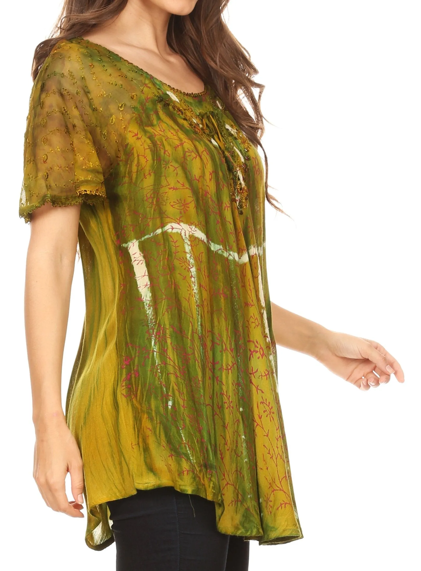 Sakkas Catia Casual Short Sleeves Tie-dye Blouse Top with Embroidery and Sequin