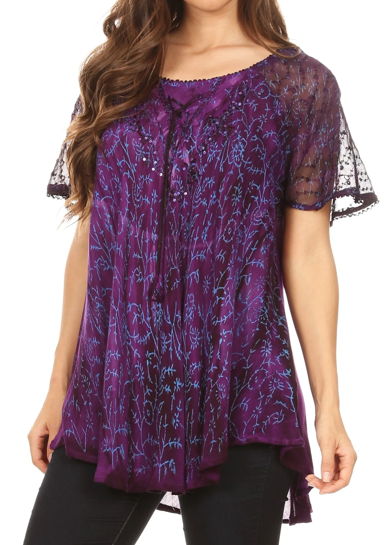 Sakkas Catia Casual Short Sleeves Tie-dye Blouse Top with Embroidery and Sequin