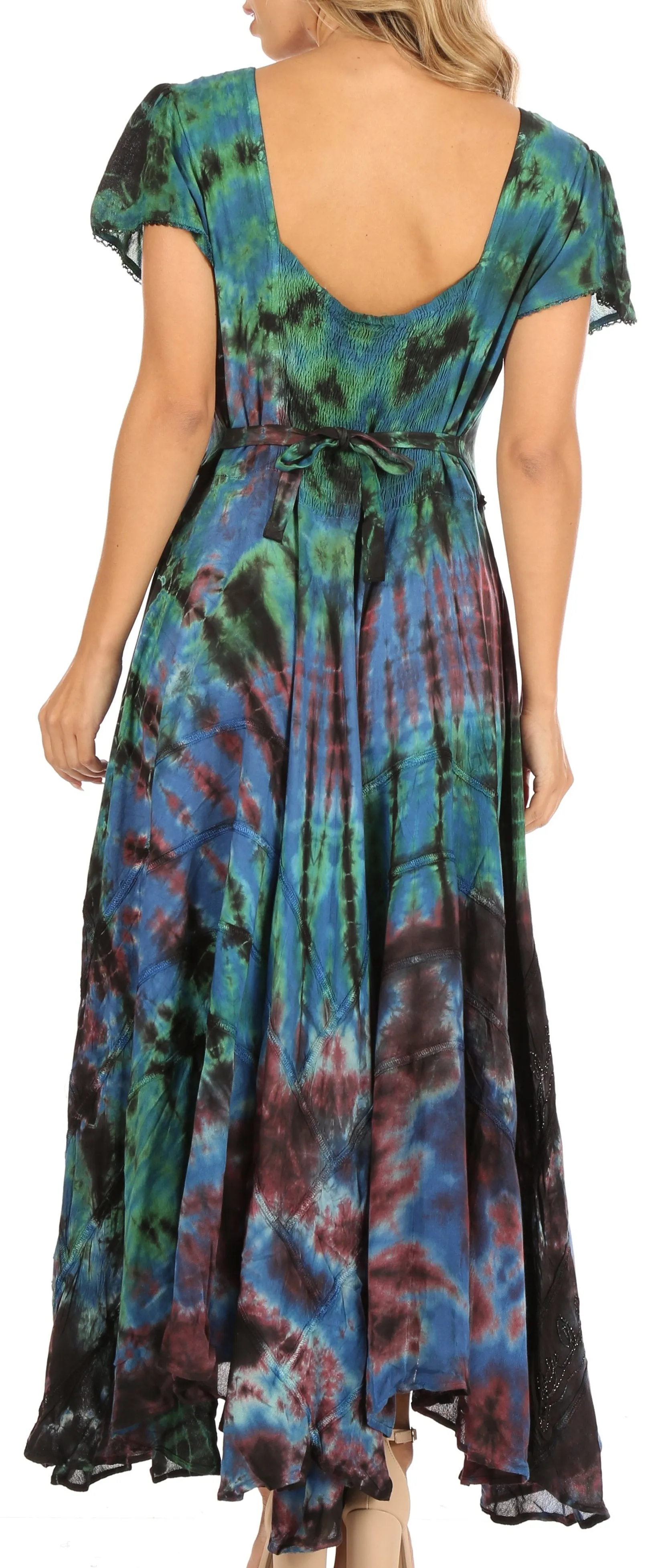 Sakkas Lia Short Sleeve Peasant Maxi Corset Tie-dye Dress with Embroidery Runs Big