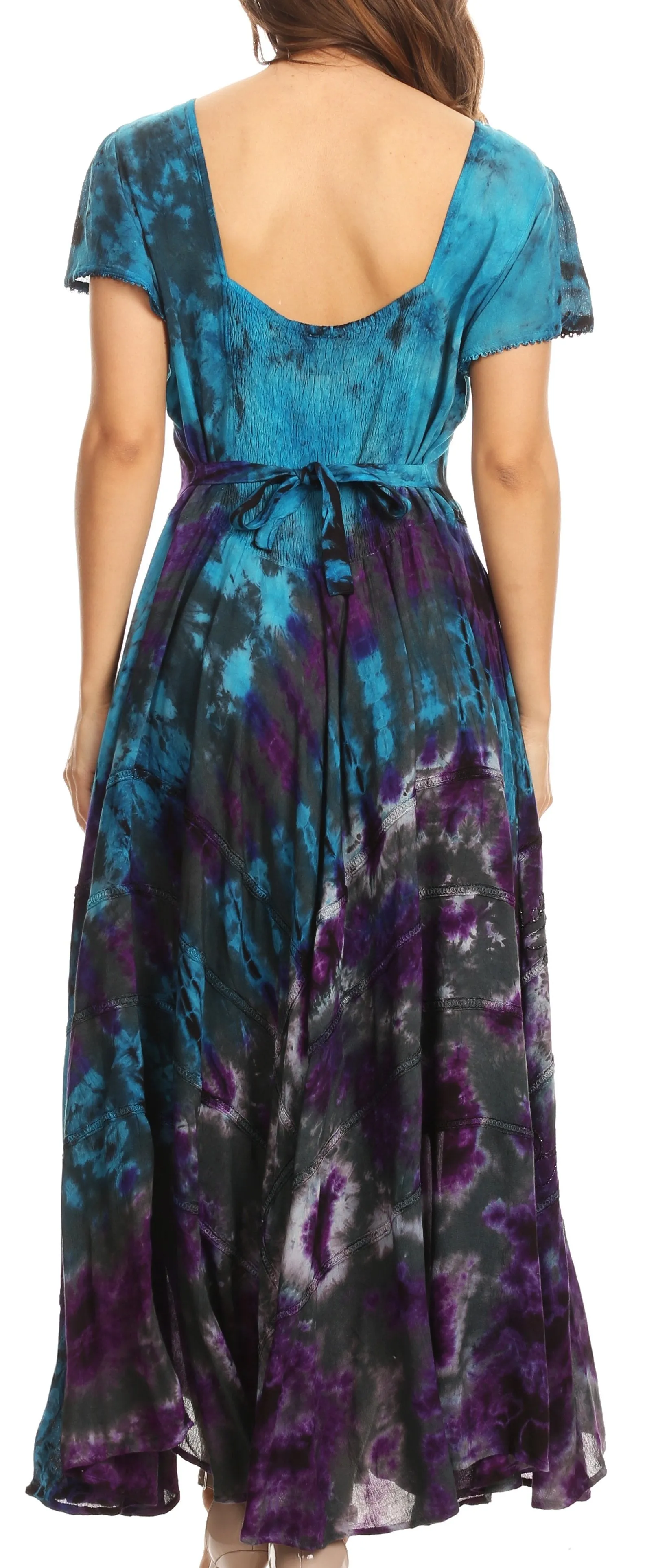 Sakkas Lia Short Sleeve Peasant Maxi Corset Tie-dye Dress with Embroidery Runs Big