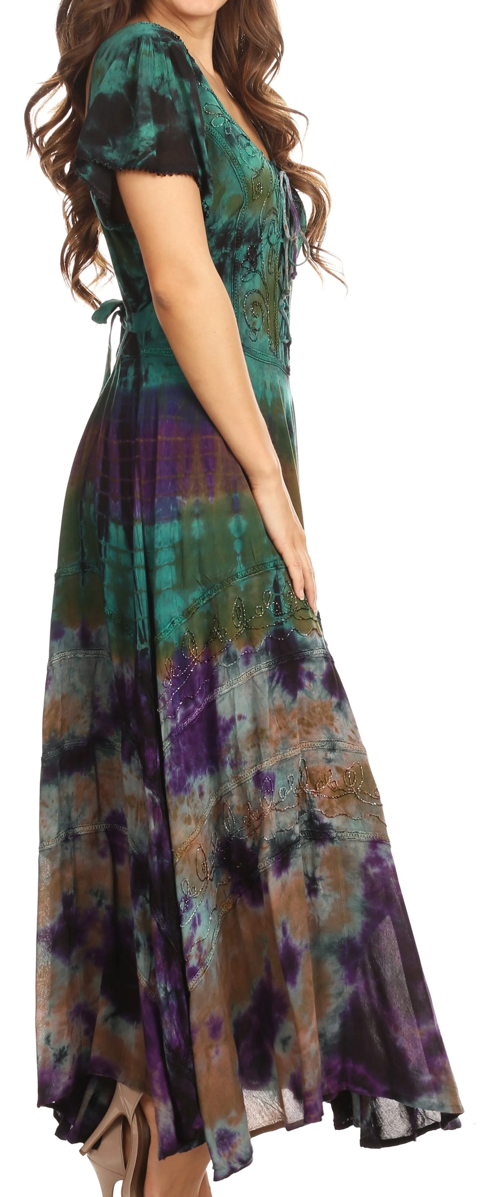 Sakkas Lia Short Sleeve Peasant Maxi Corset Tie-dye Dress with Embroidery Runs Big