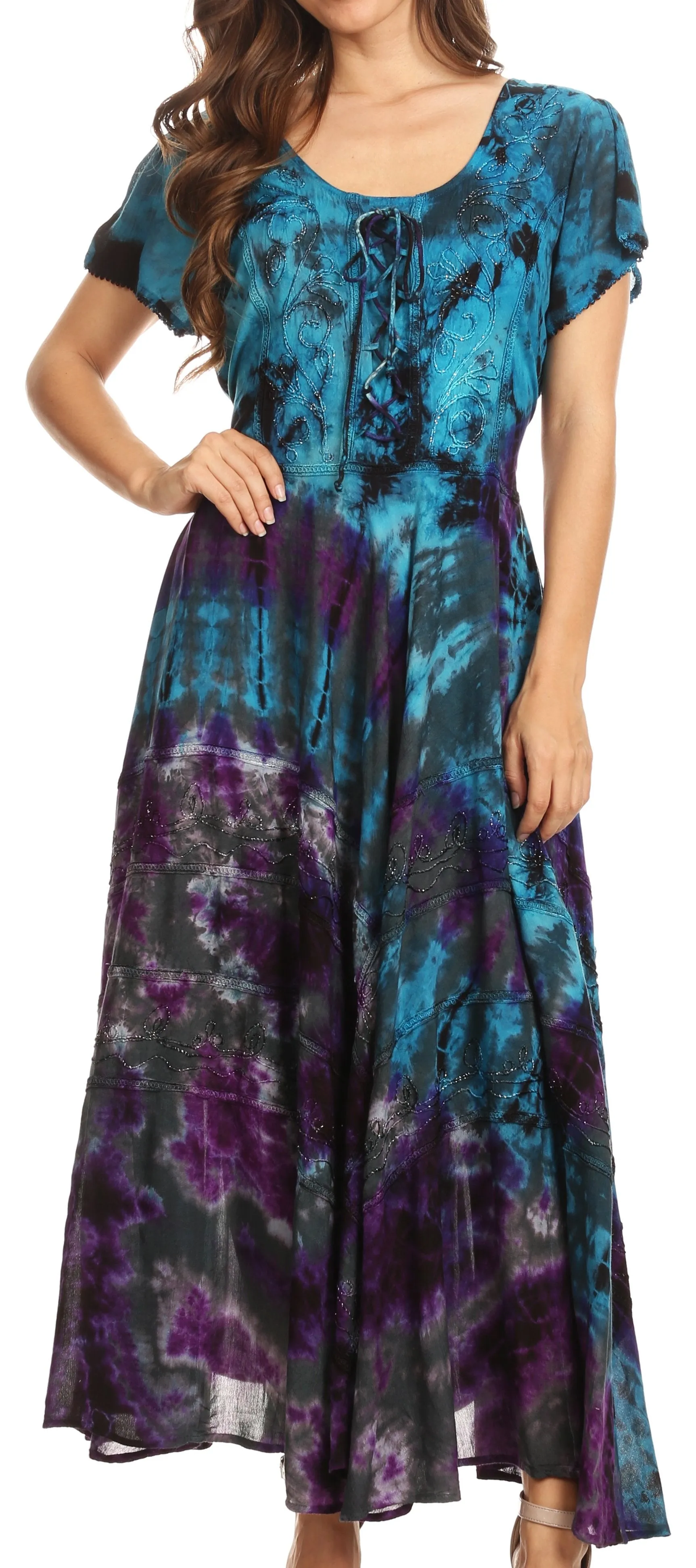 Sakkas Lia Short Sleeve Peasant Maxi Corset Tie-dye Dress with Embroidery Runs Big