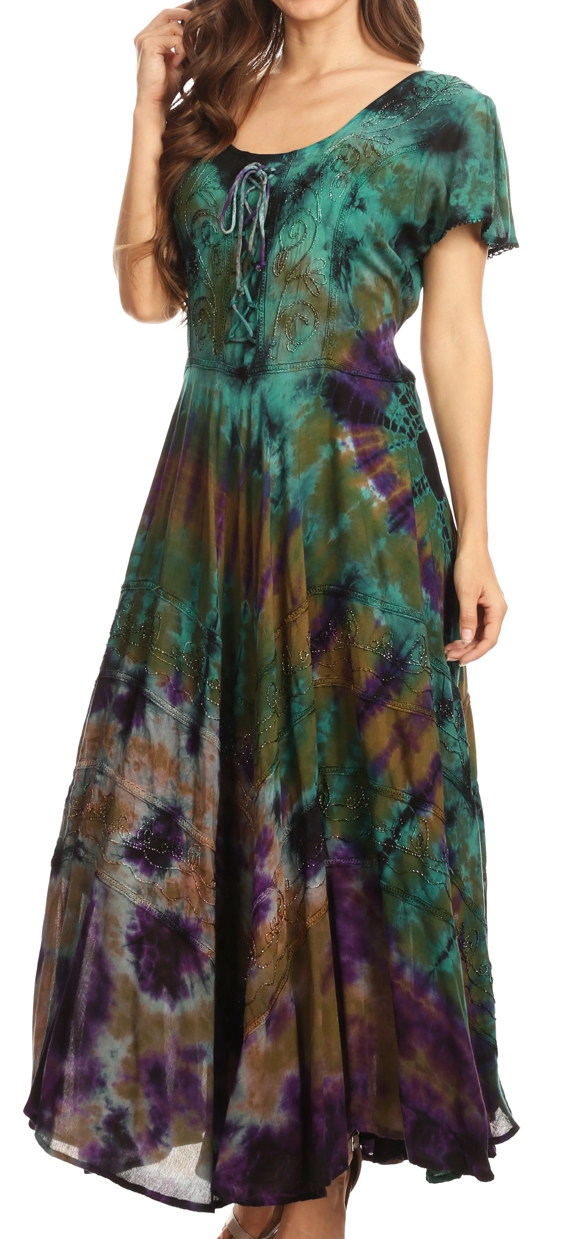 Sakkas Lia Short Sleeve Peasant Maxi Corset Tie-dye Dress with Embroidery Runs Big