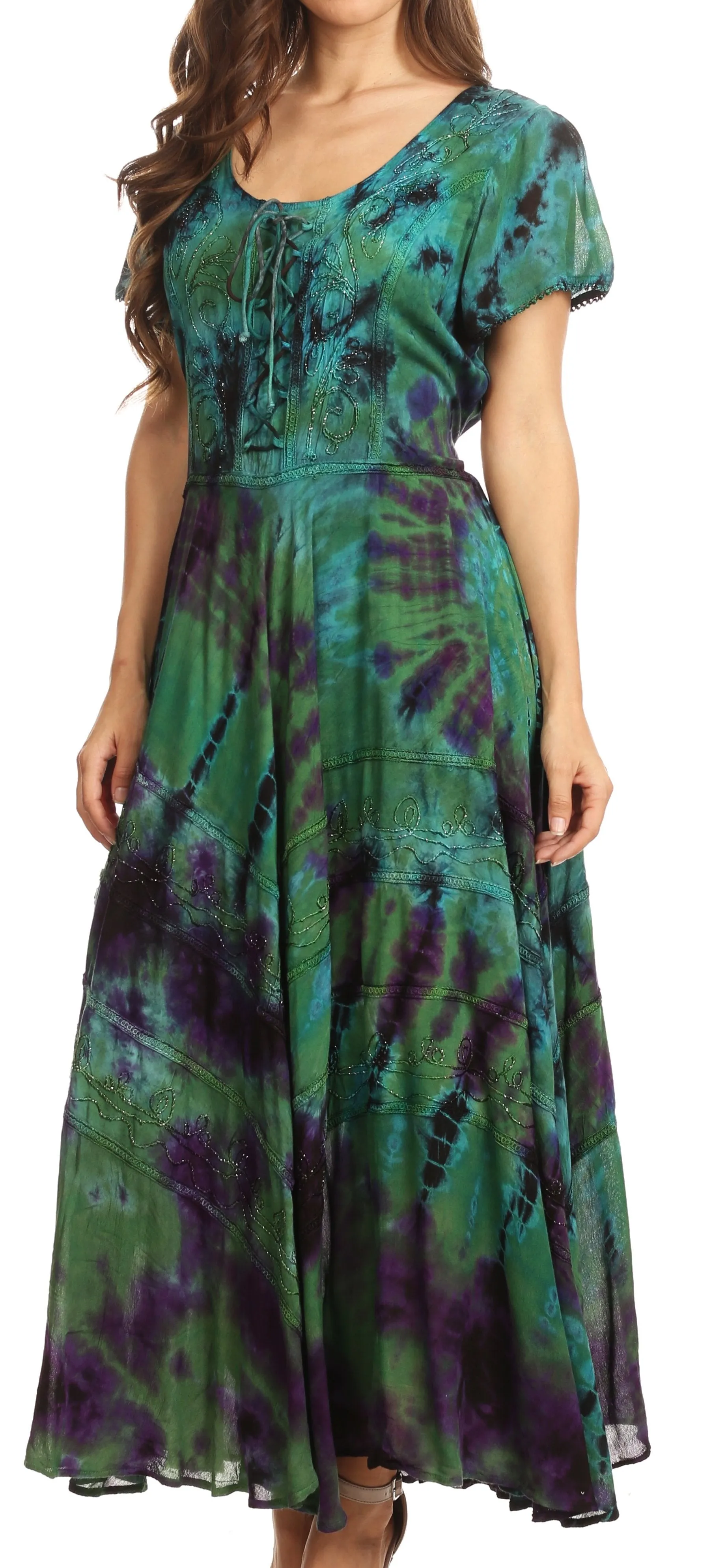 Sakkas Lia Short Sleeve Peasant Maxi Corset Tie-dye Dress with Embroidery Runs Big