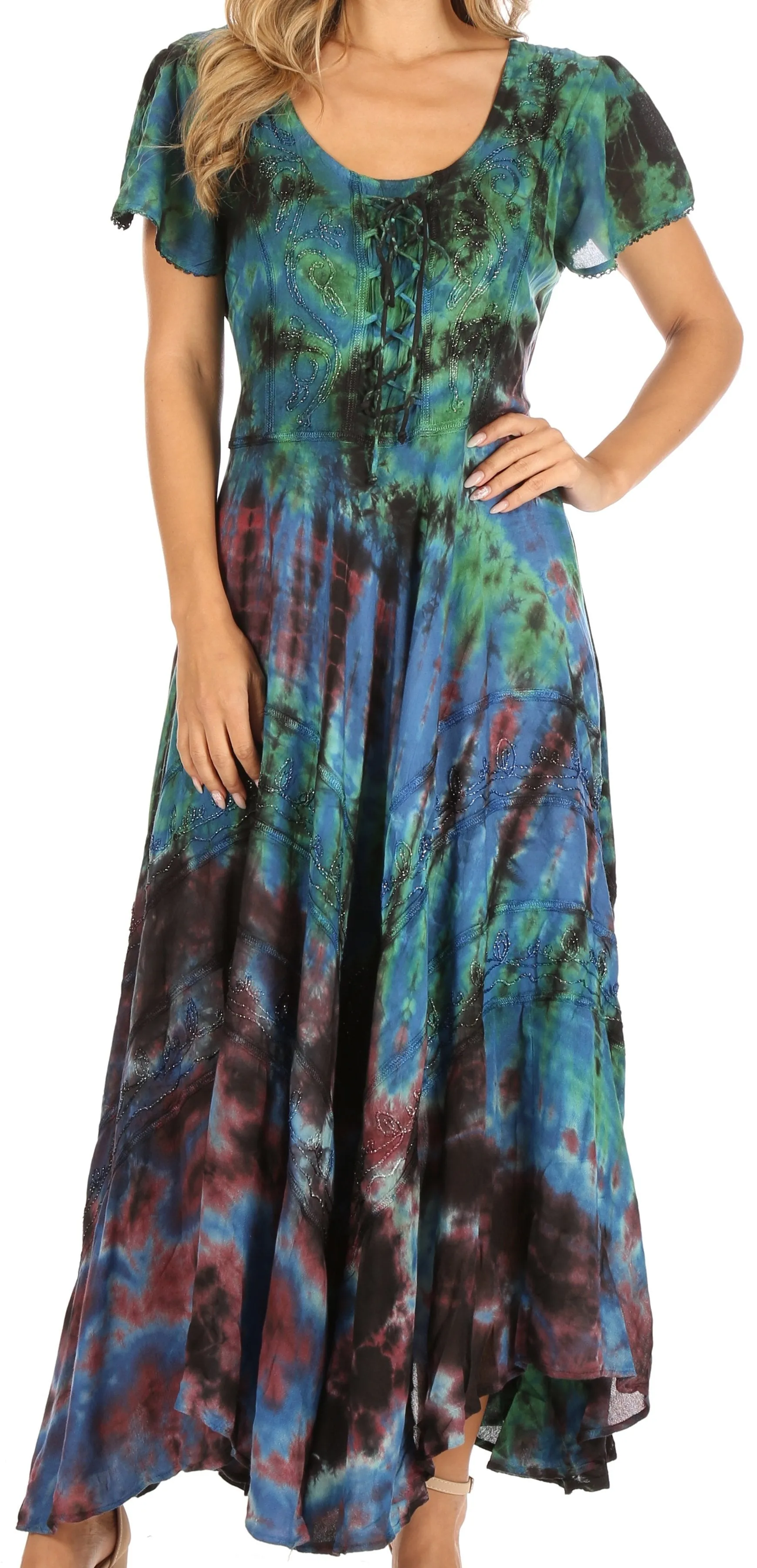 Sakkas Lia Short Sleeve Peasant Maxi Corset Tie-dye Dress with Embroidery Runs Big