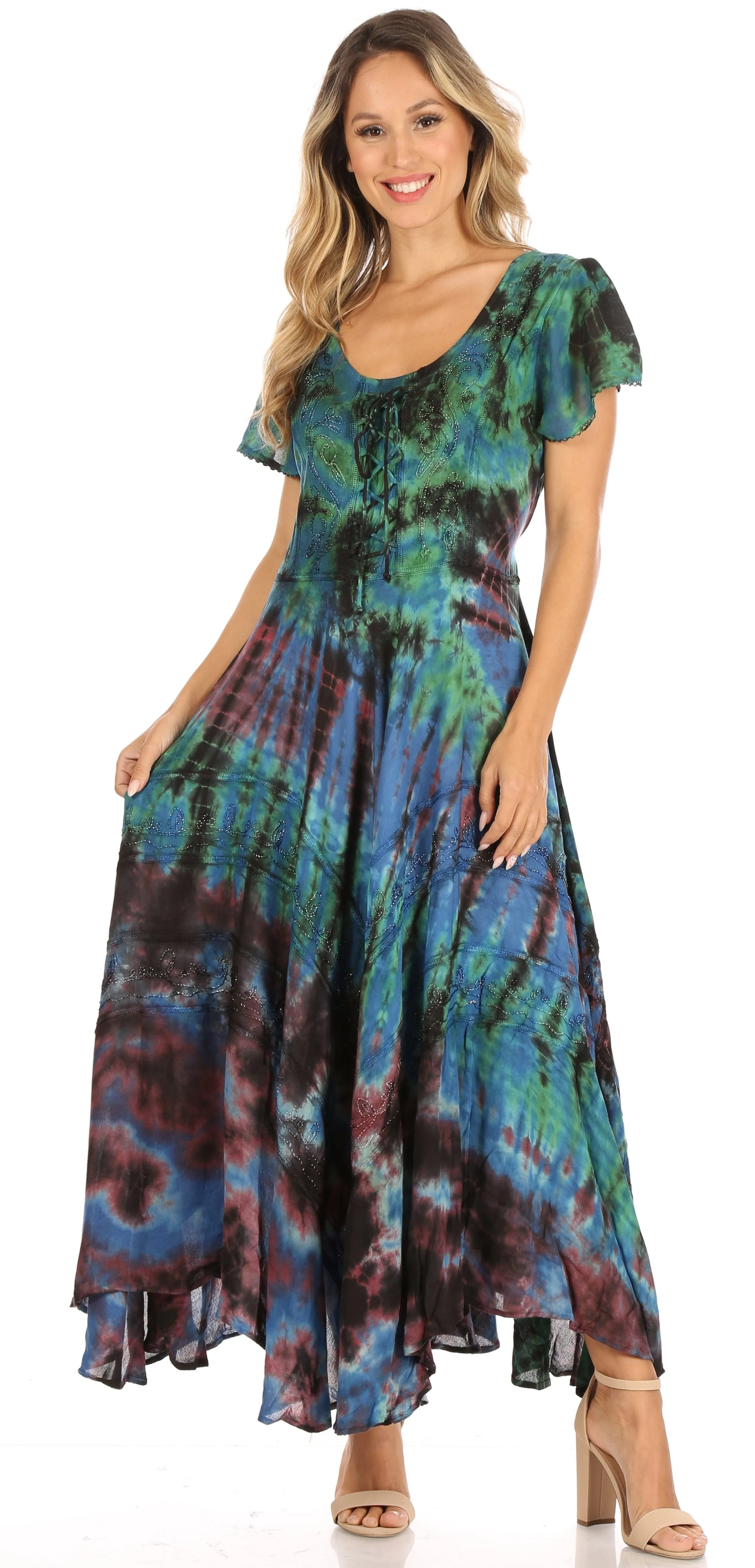 Sakkas Lia Short Sleeve Peasant Maxi Corset Tie-dye Dress with Embroidery Runs Big