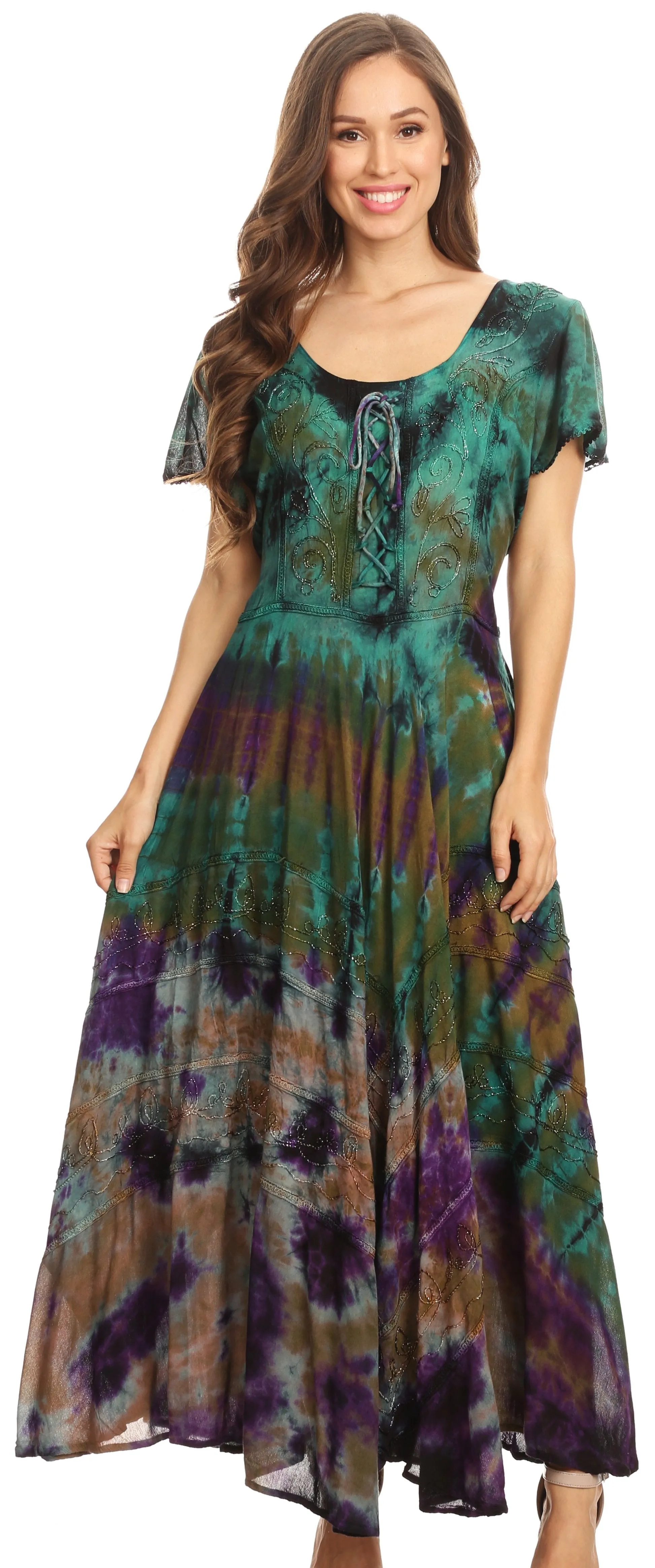 Sakkas Lia Short Sleeve Peasant Maxi Corset Tie-dye Dress with Embroidery Runs Big