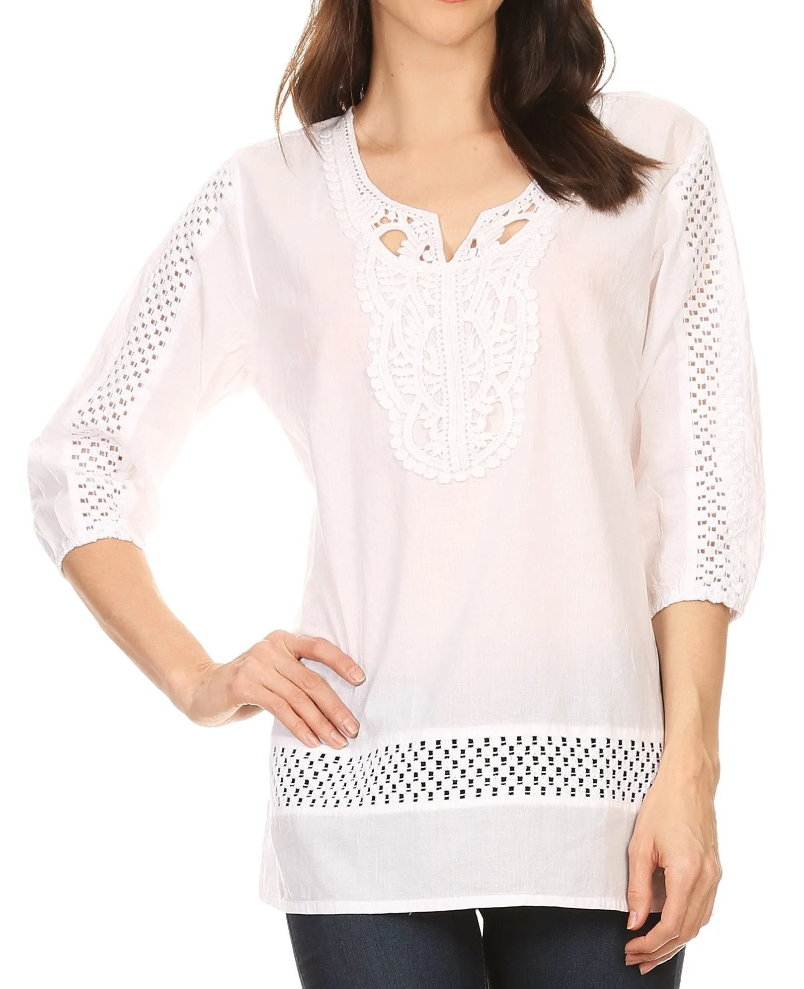 Sakkas Marion 3/4 Sleeve Blouse Tunic with Lace Applique and Crochet