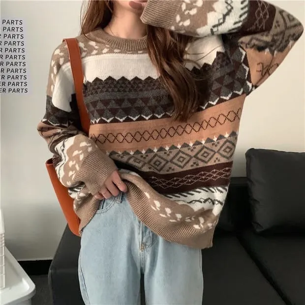 Sale Retro Geometric Pattern Oversized Knit Sweater