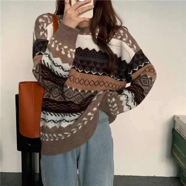 Sale Retro Geometric Pattern Oversized Knit Sweater