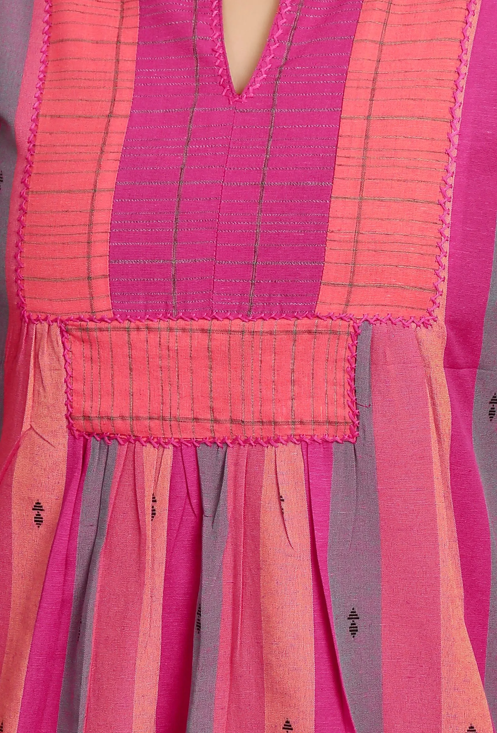 Set of 2: Pink Multi Color Woven Stripe Kurta with Pink Straight Pants