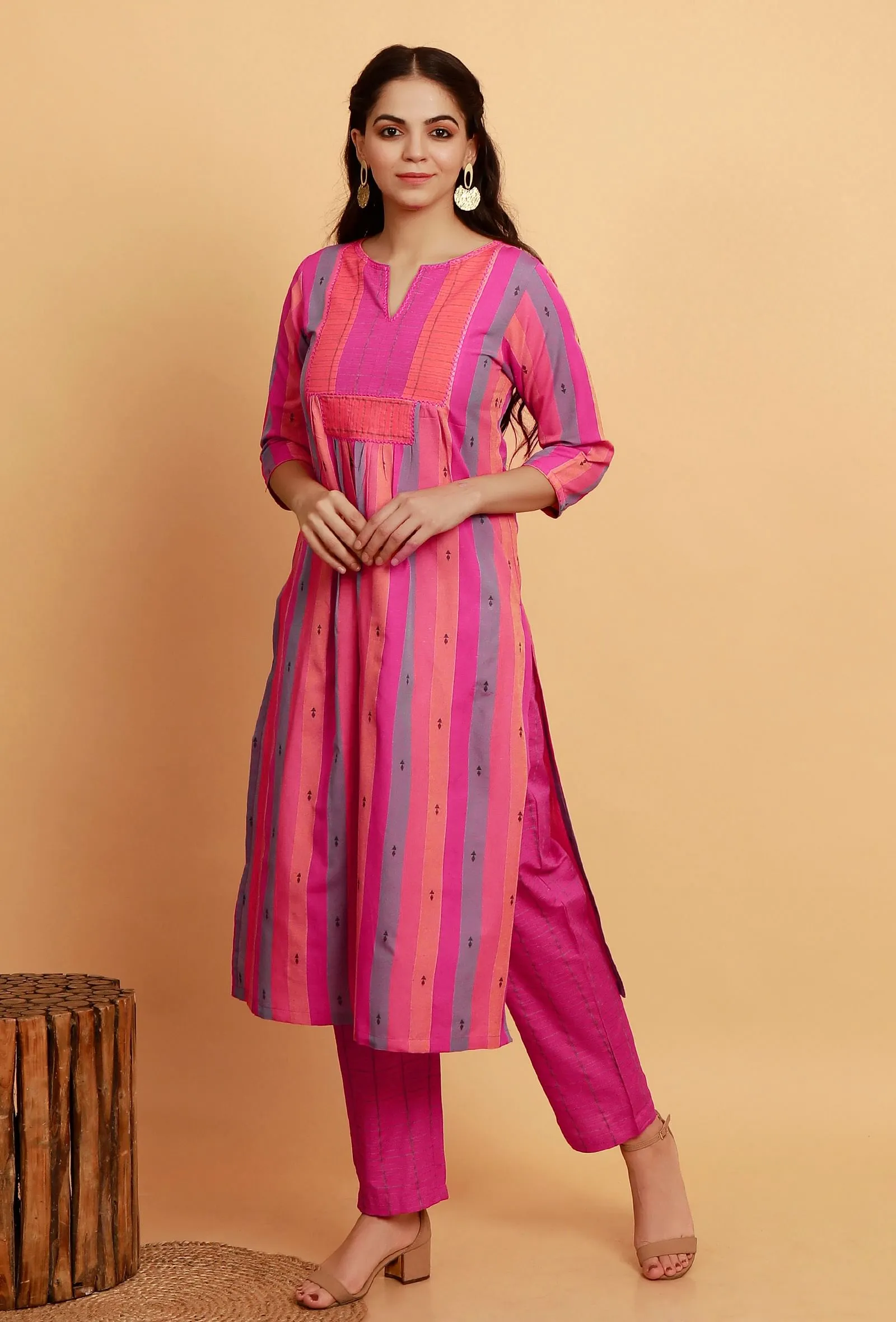 Set of 2: Pink Multi Color Woven Stripe Kurta with Pink Straight Pants