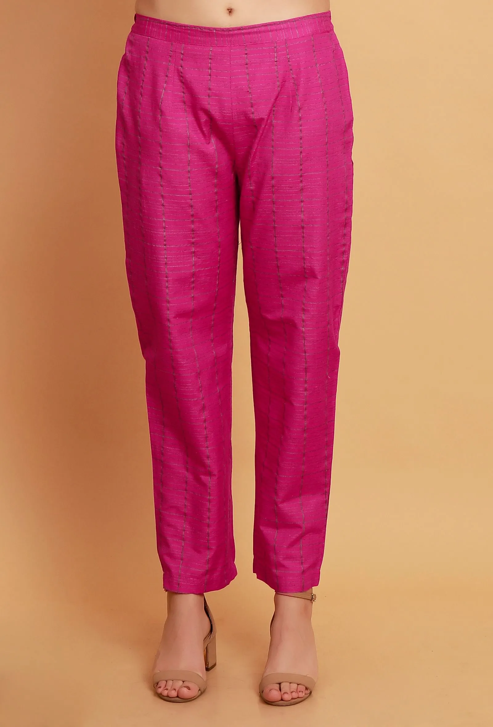 Set of 2: Pink Multi Color Woven Stripe Kurta with Pink Straight Pants