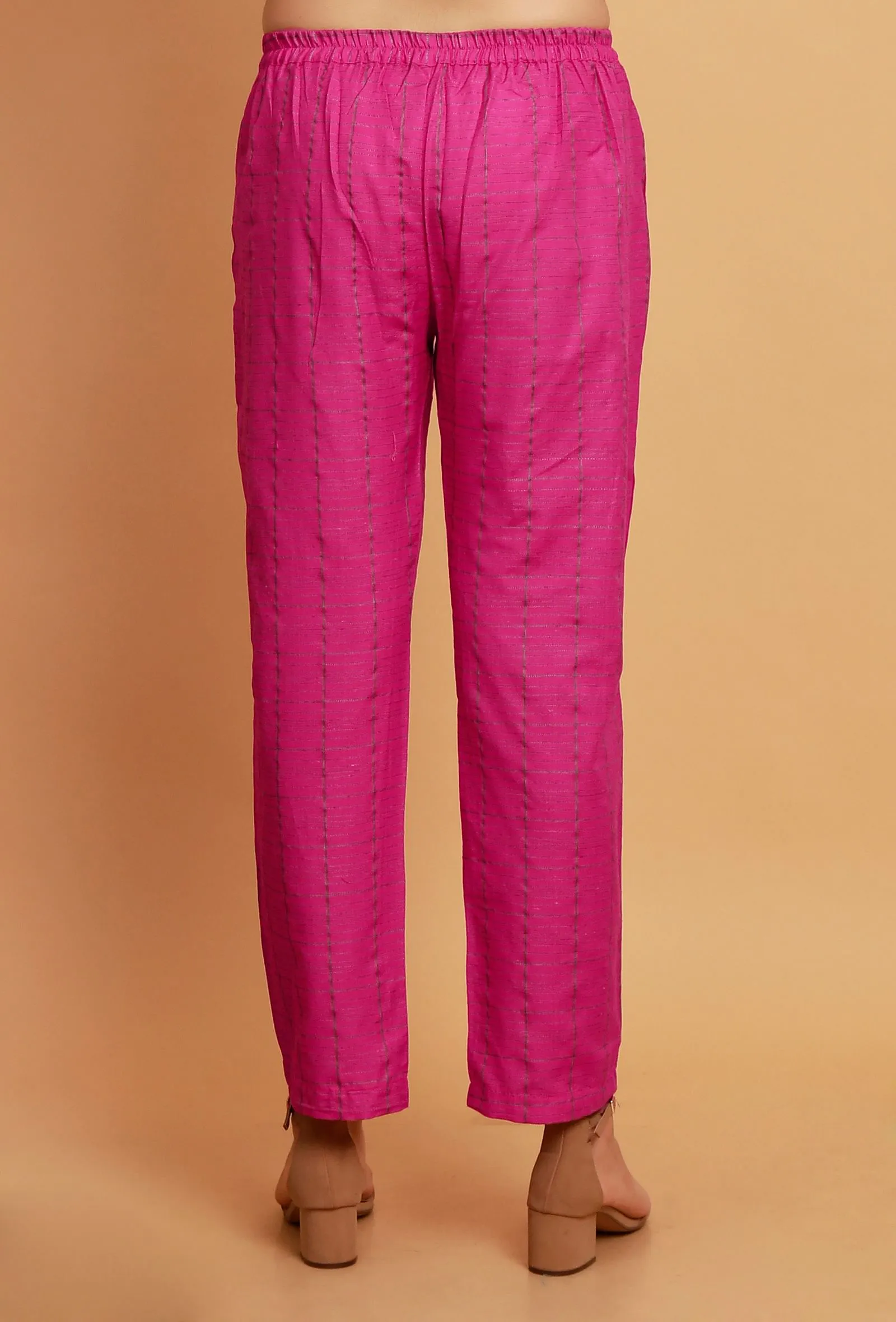 Set of 2: Pink Multi Color Woven Stripe Kurta with Pink Straight Pants