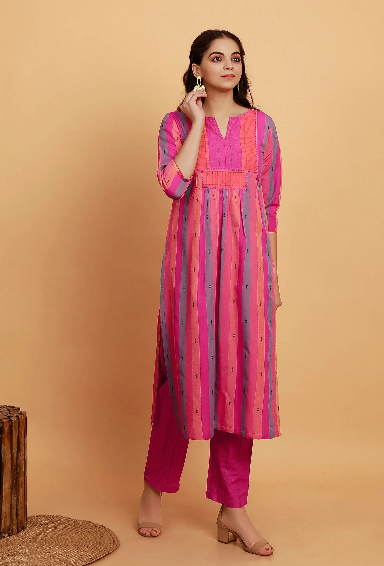 Set of 2: Pink Multi Color Woven Stripe Kurta with Pink Straight Pants