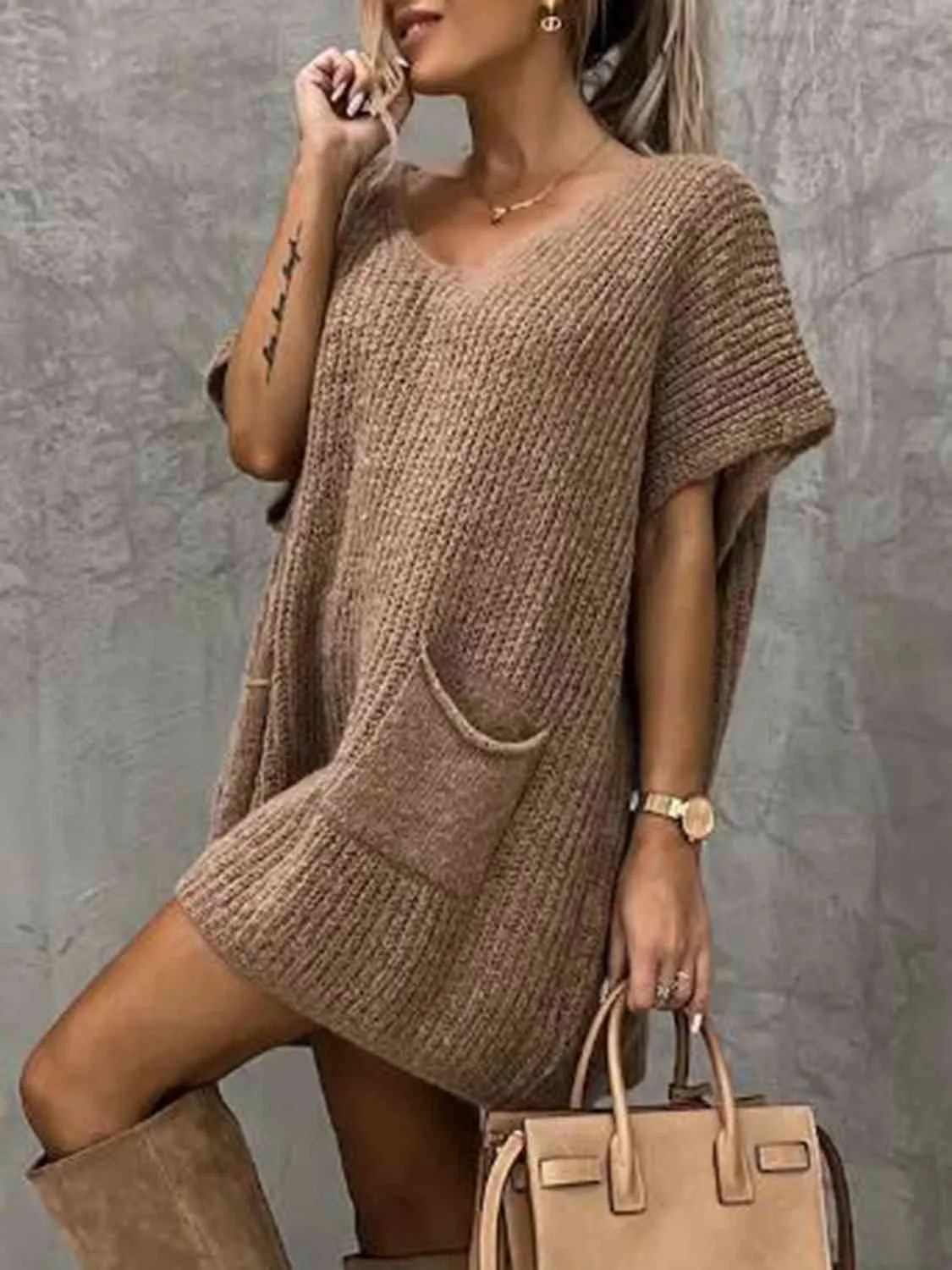 Short Sleeve Sweater Dress with Pockets