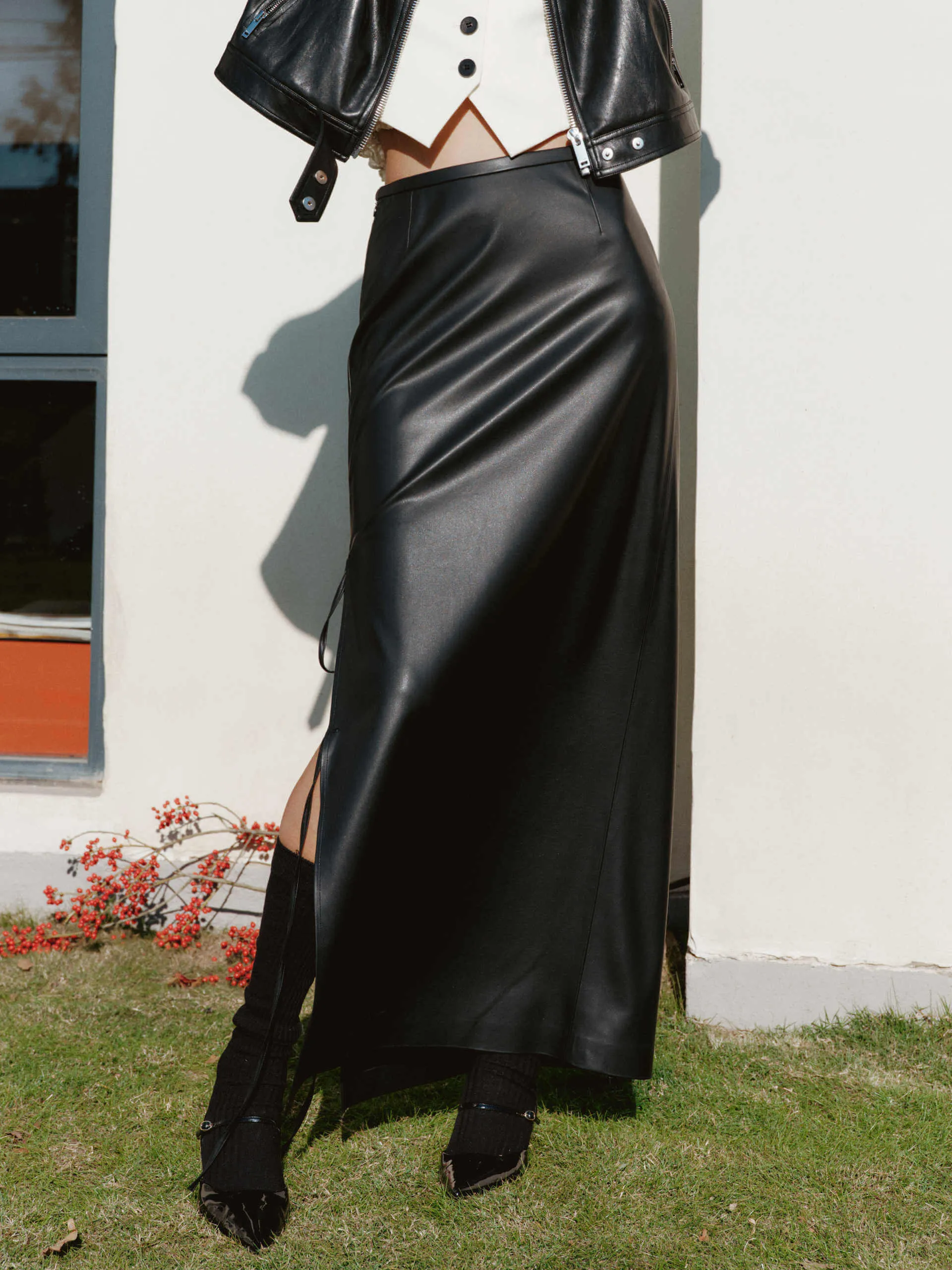 Side Slit PU Leather Skirt