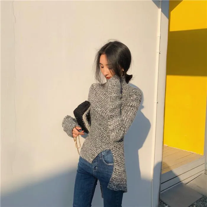 Slim Turtle Neck Gray Cutout Knit Sweater