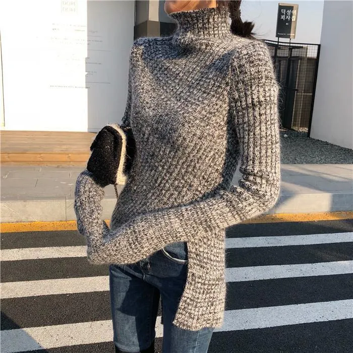 Slim Turtle Neck Gray Cutout Knit Sweater