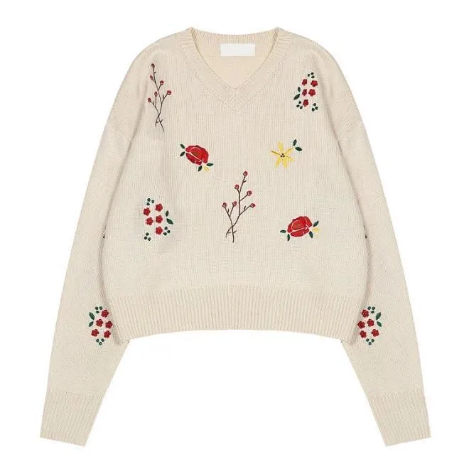 Small Flowers Embroideries White Black Knit Sweater