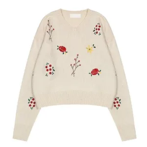 Small Flowers Embroideries White Black Knit Sweater