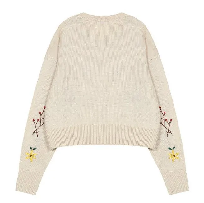 Small Flowers Embroideries White Black Knit Sweater