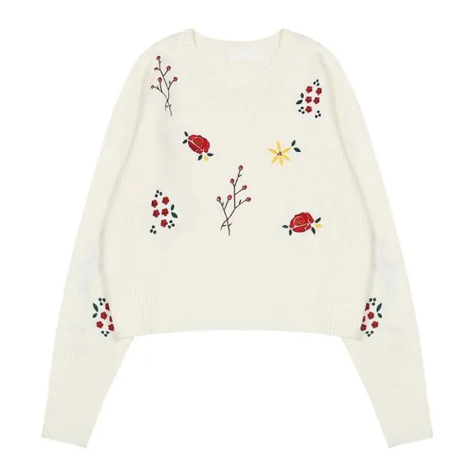 Small Flowers Embroideries White Black Knit Sweater