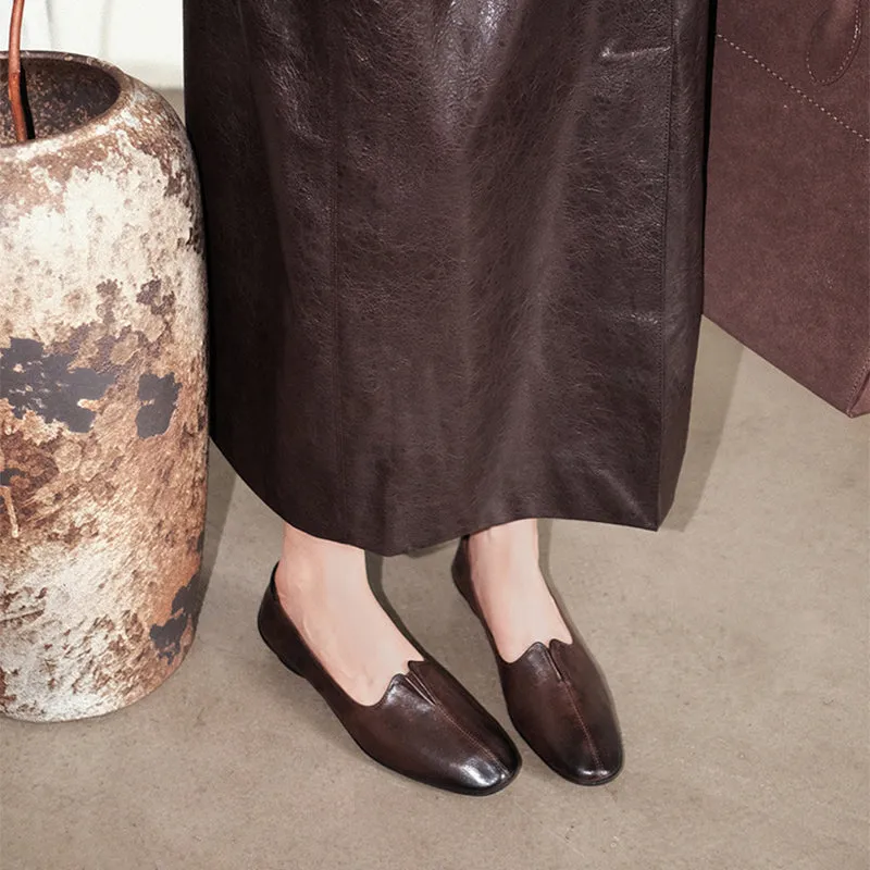 Soft Horse Leather Flat Shoes Slip on Loafers for Women Handmade in Black/Brown