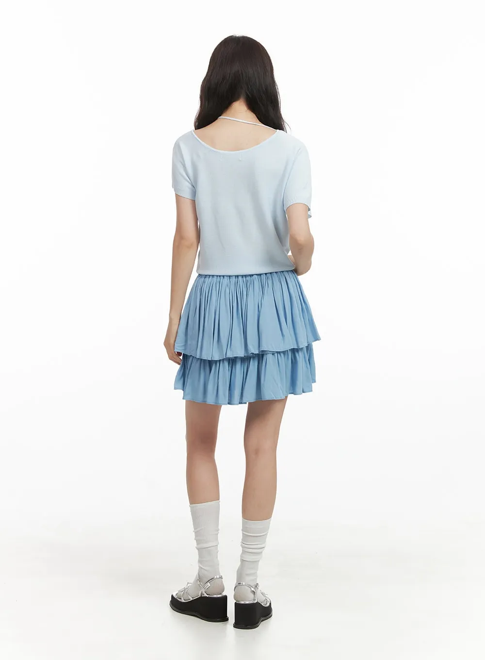 Solid Ruched Ruffle Hem Mini Skirt OY421