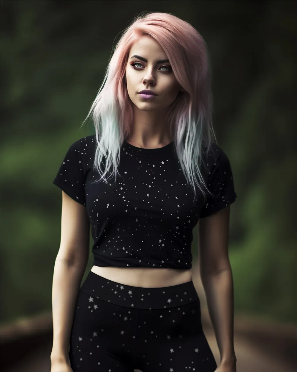 Starry Night Crop Top - Cute Black Witchy Crop Tee Alt Style Gothic Grunge Aesthetic Dark Academia Goth Fashion